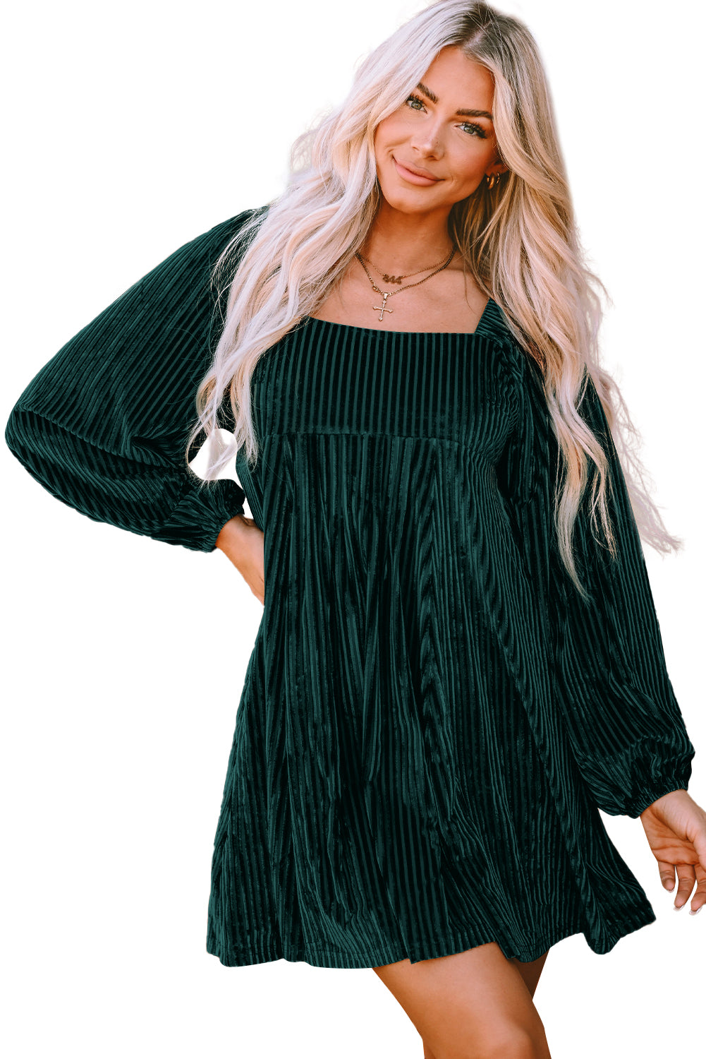 Blackish Green Smocked Ribbed Velvet Babydoll Top