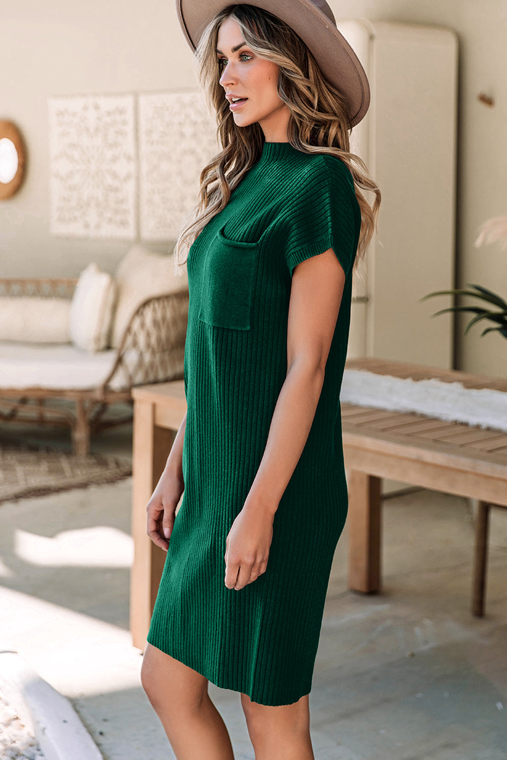 Apricot Ribbed V Neck Patched Chest Pocket Knit T-shirt