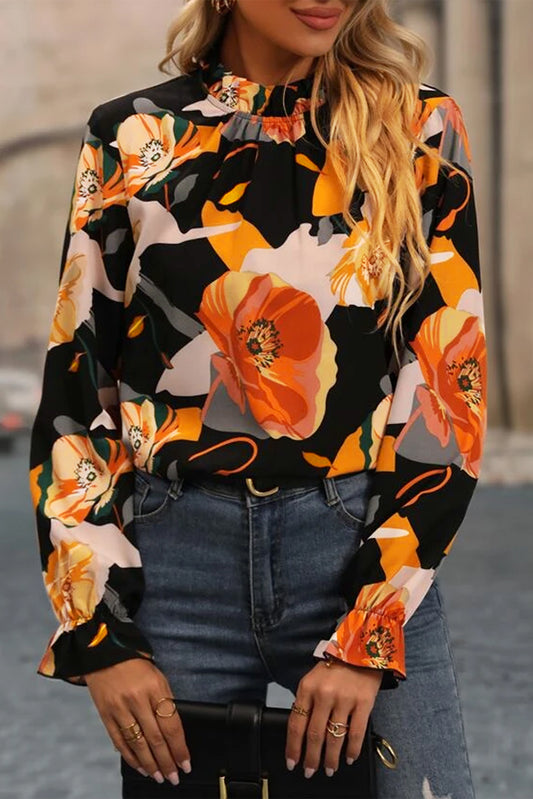 Black Floral Print Cold Shoulder Lantern Sleeve Blouse