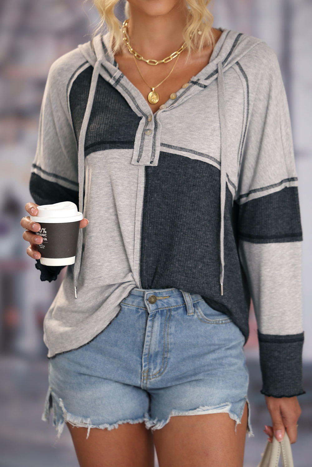 Gray Colorblock Seamed Ribbed Henley Hoodie