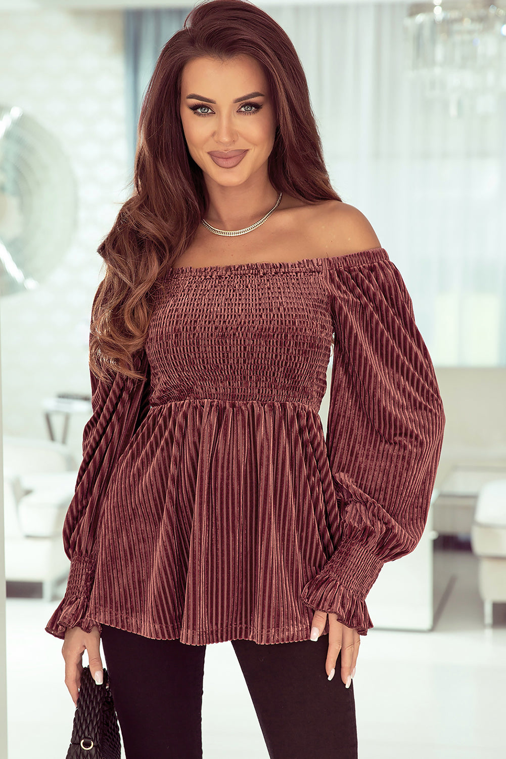 Blackish Green Smocked Ribbed Velvet Babydoll Top