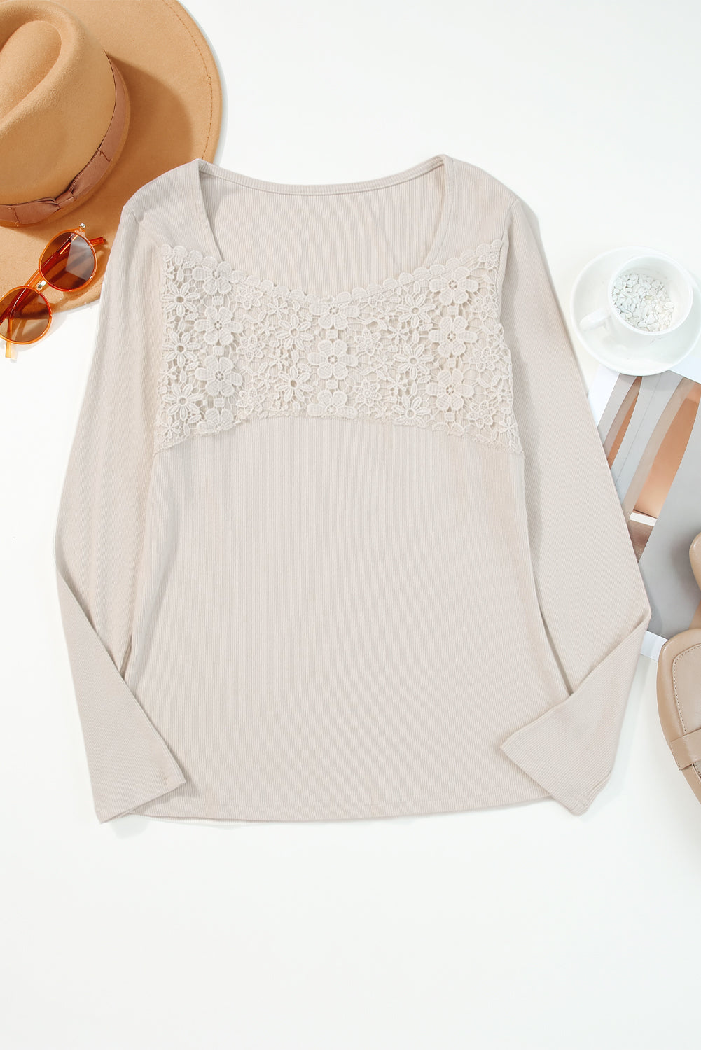 Red Lace Crochet V Neck Long Sleeve Top