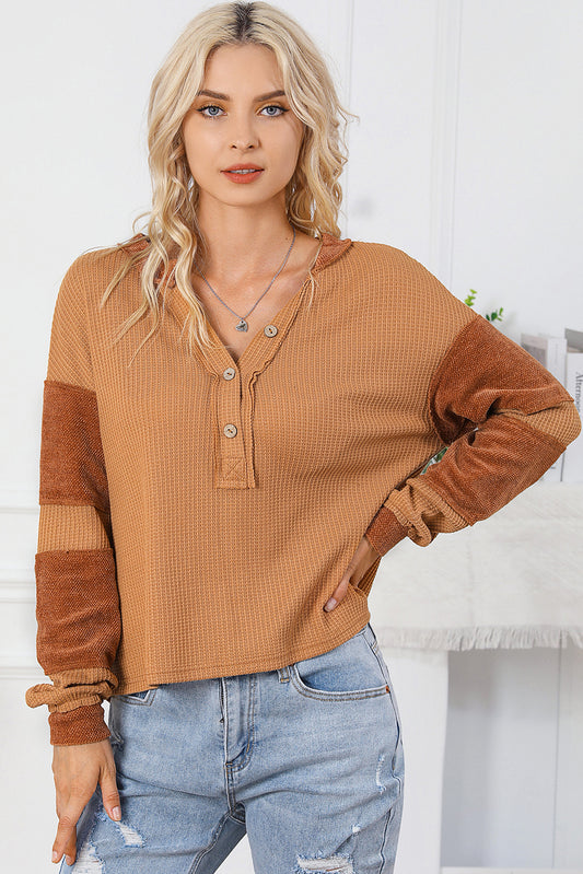 Bright White Contrast Patched Exposed Seam Waffle Knit Henley Top