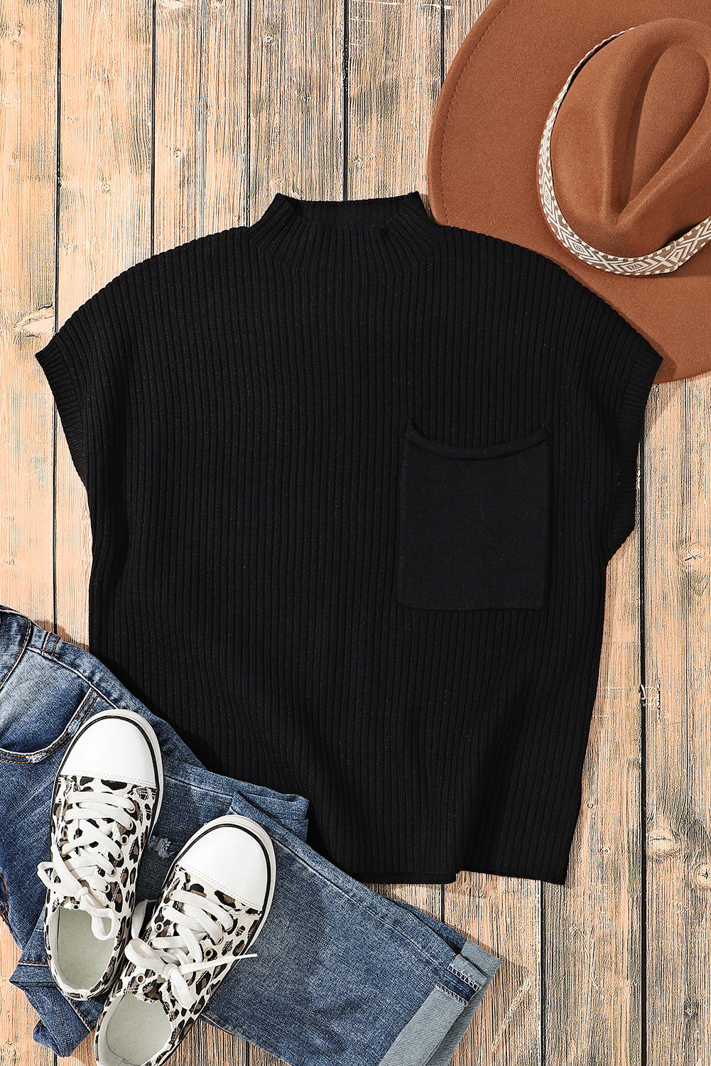 Jungle Green Plus Size Mock Neck Chest Pocket Short Sleeve Sweater