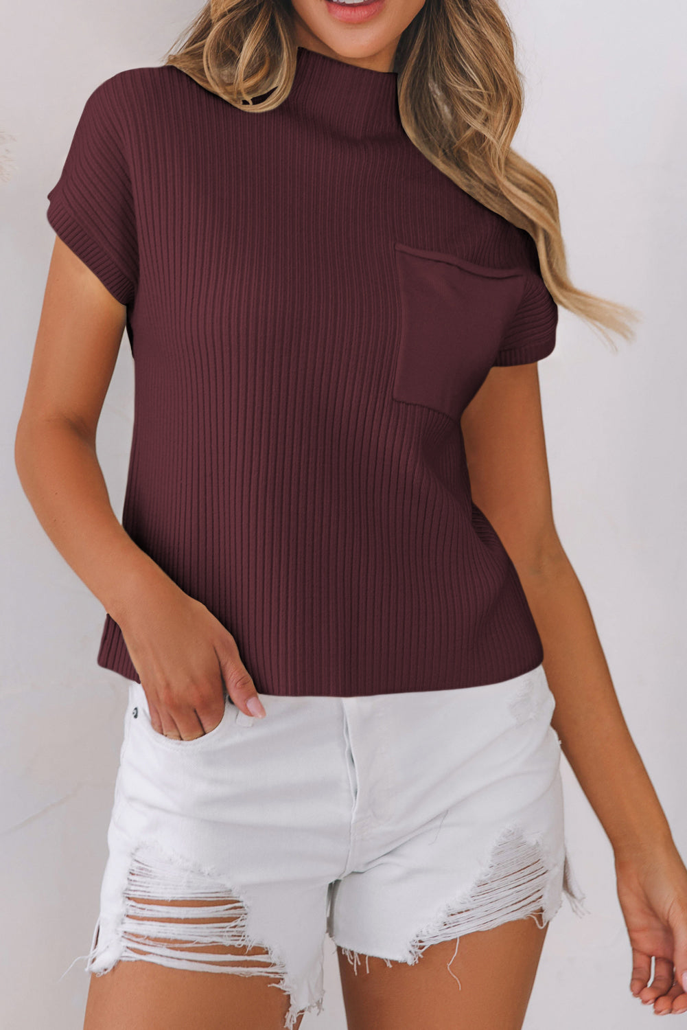 Apricot Ribbed V Neck Patched Chest Pocket Knit T-shirt