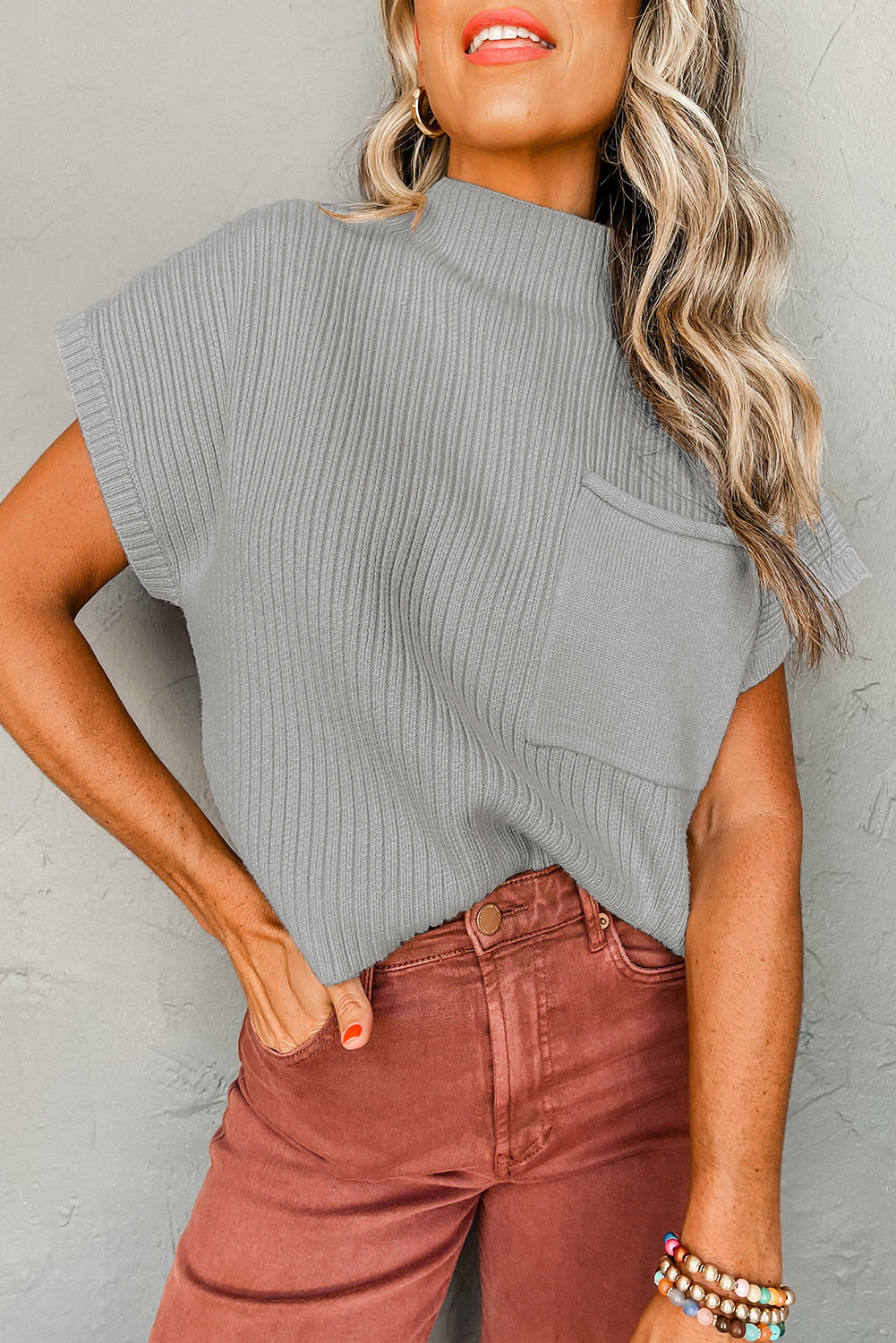 Jungle Green Plus Size Mock Neck Chest Pocket Short Sleeve Sweater