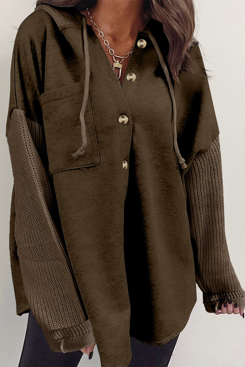 Gray Contrast Knitted Sleeves Plus Size Hoodie