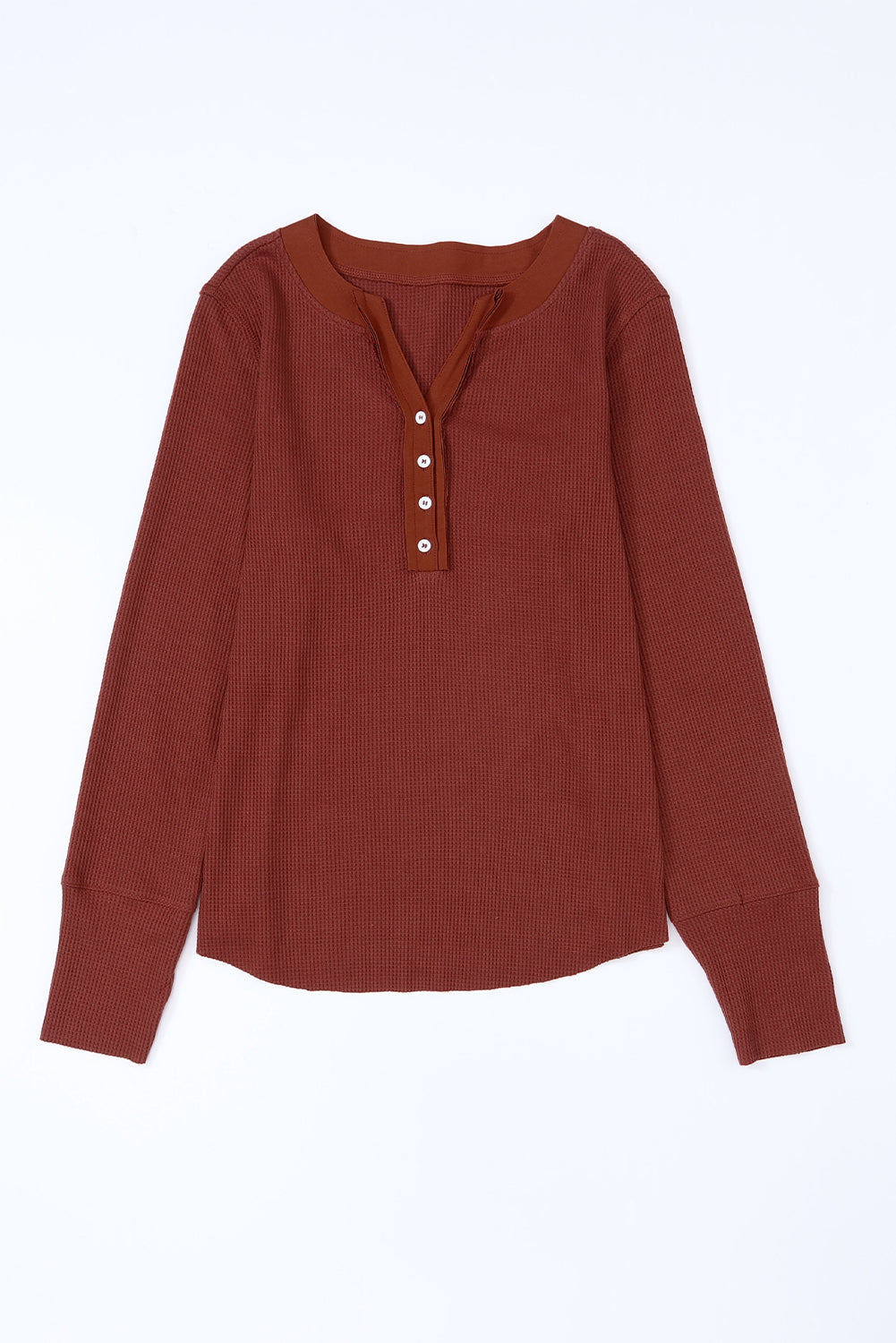 Brown Trimmed Neckline Waffle Knit Henley Top