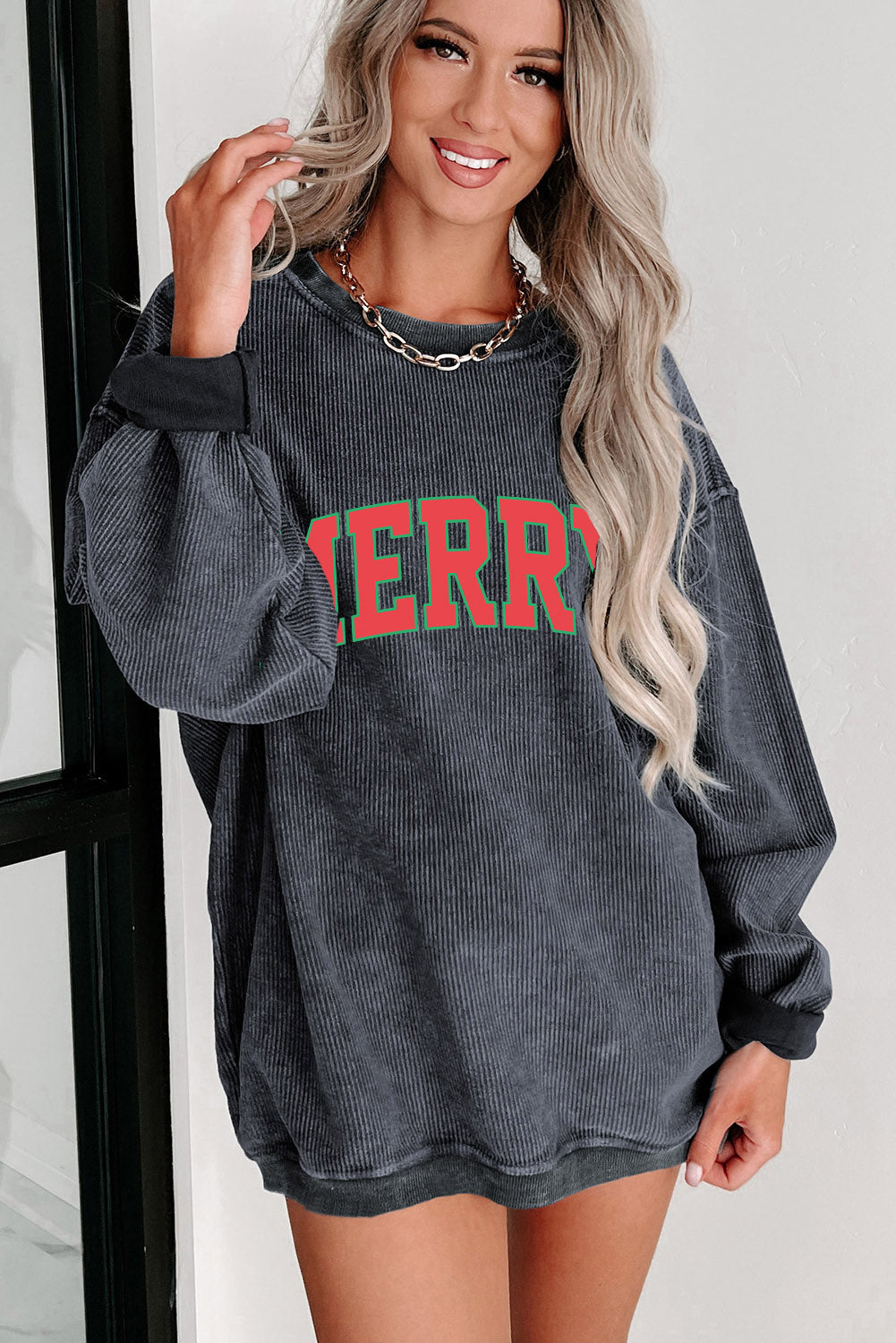 Black Plus Size HO HO HO Santa Graphic Corded Sweatshirt