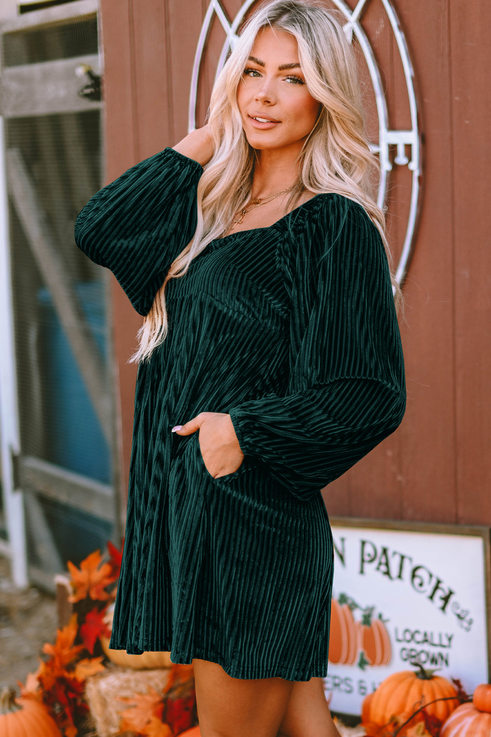 Blackish Green Smocked Ribbed Velvet Babydoll Top