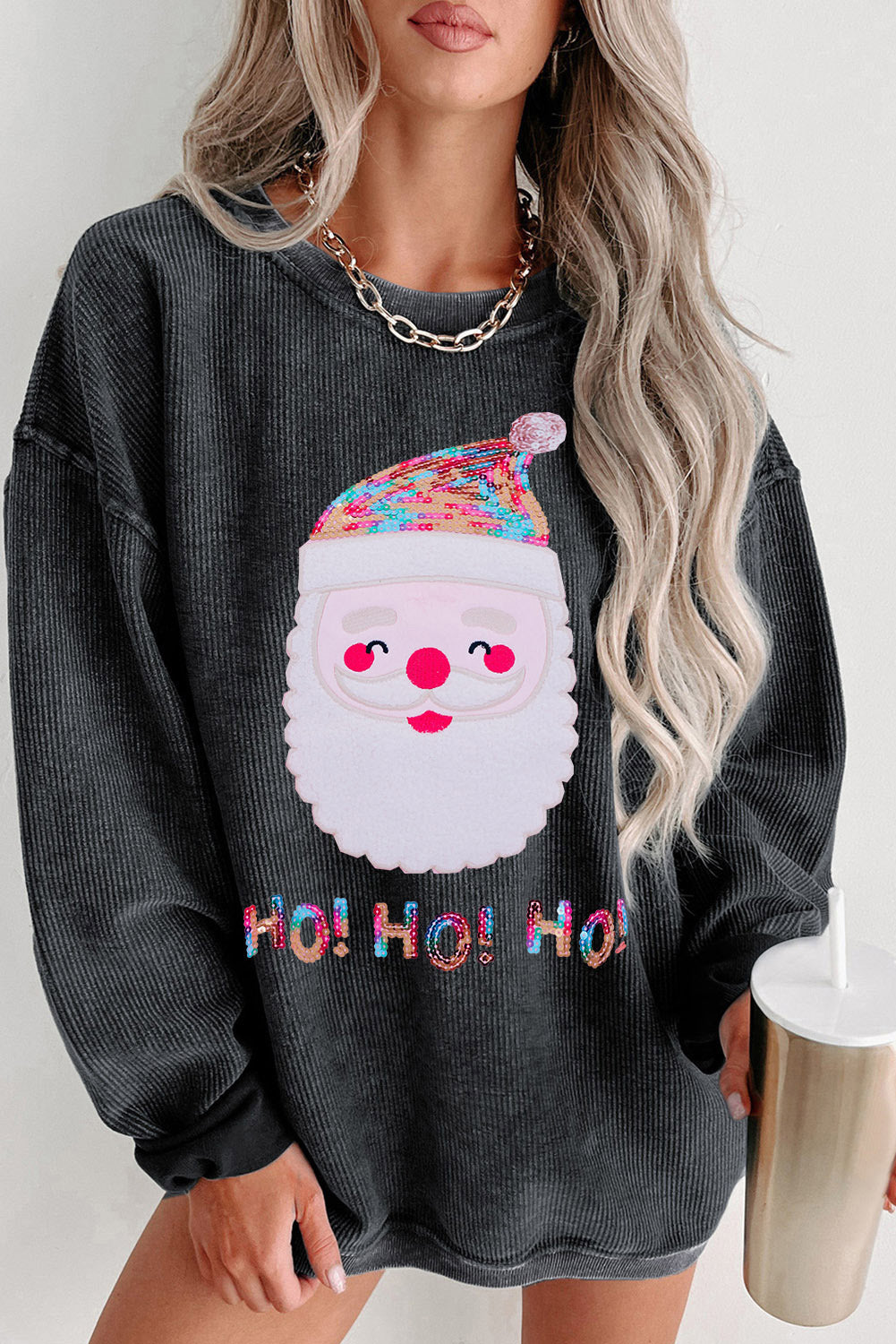 Black Plus Size HO HO HO Santa Graphic Corded Sweatshirt