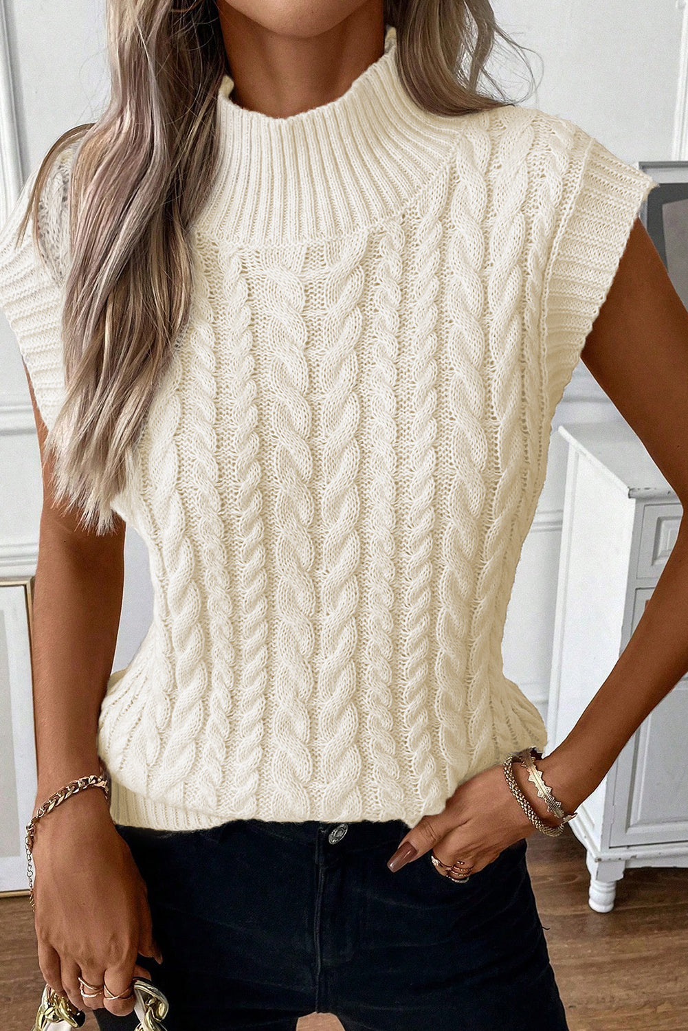 Black Cable Knit High Neck Sweater Vest