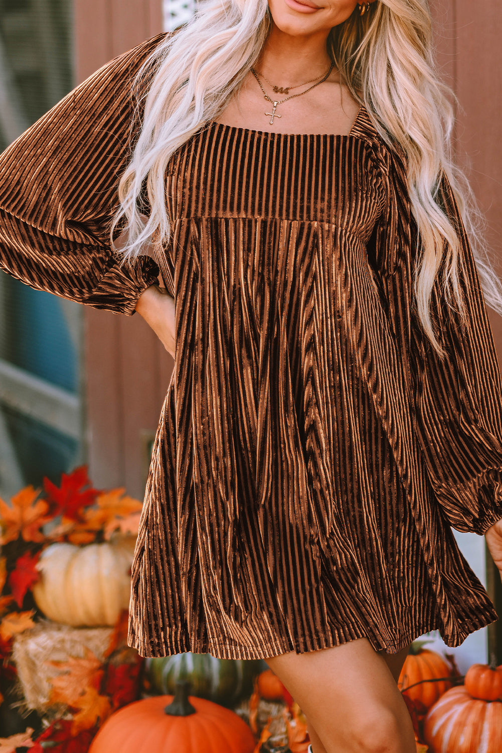 Blackish Green Smocked Ribbed Velvet Babydoll Top