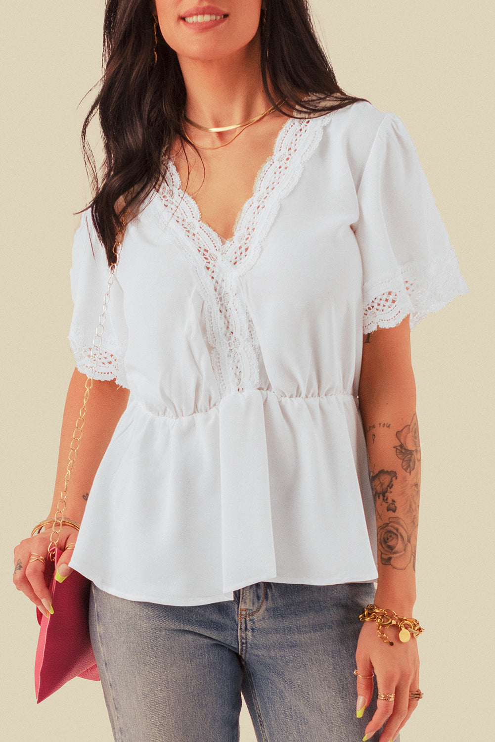 Black Lace Splicing V Neck Short Sleeve Blouse