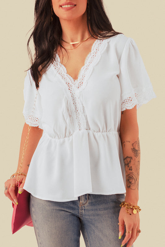 Black Lace Splicing V Neck Short Sleeve Blouse