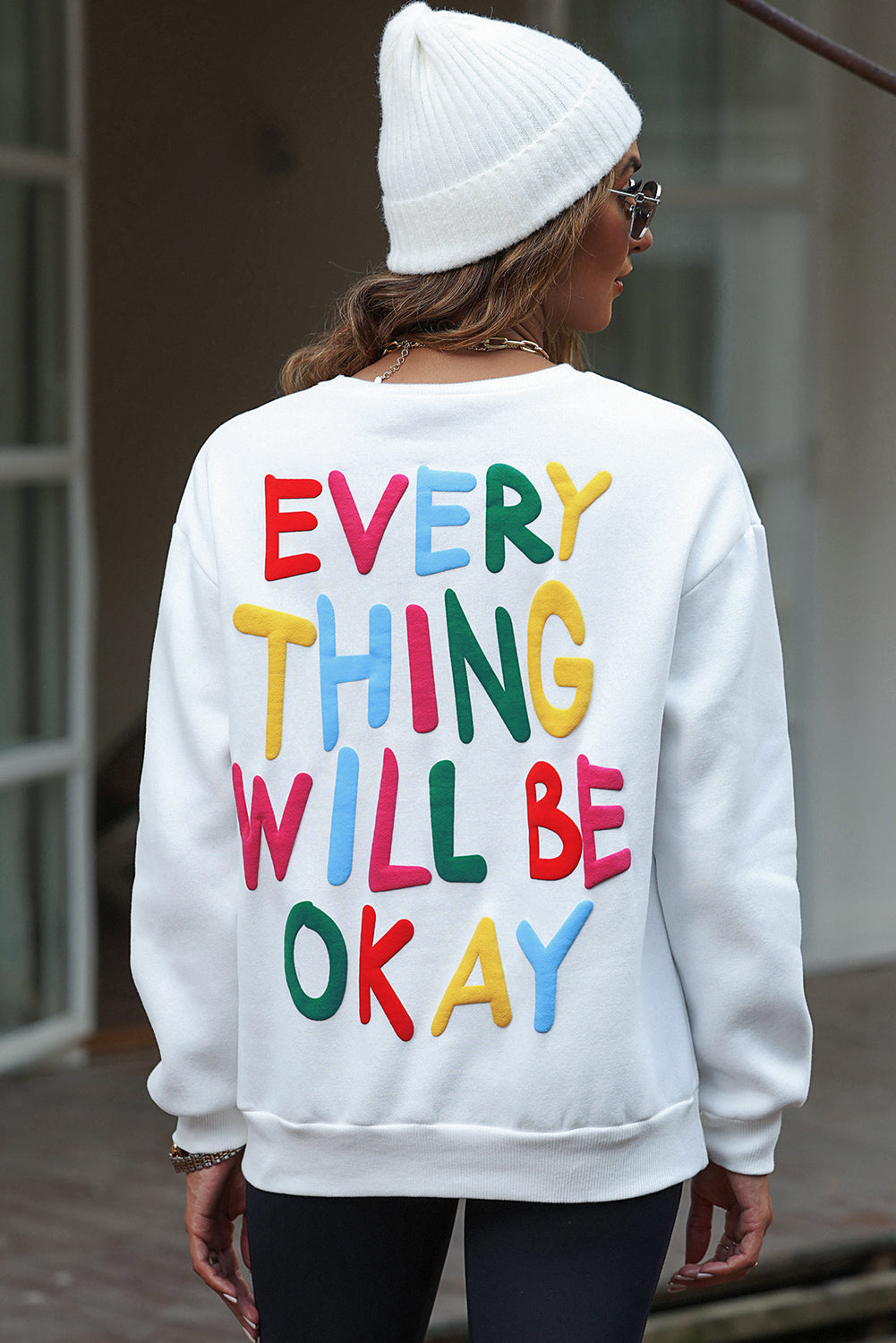 White LOVE Chenille Embroidered Cable Knit Pullover Sweatshirt