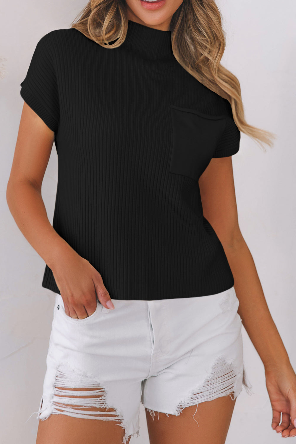 Apricot Ribbed V Neck Patched Chest Pocket Knit T-shirt