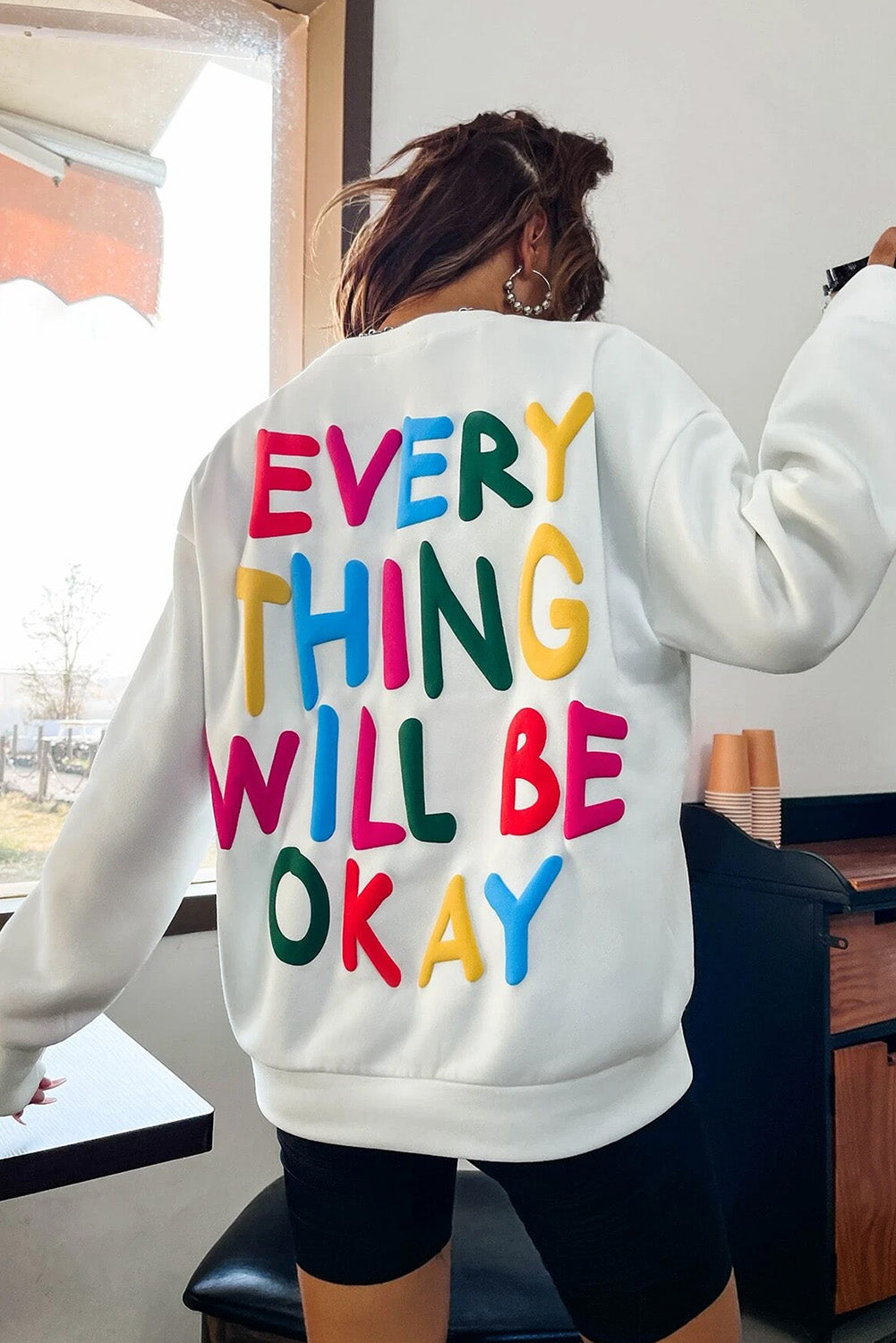 White LOVE Chenille Embroidered Cable Knit Pullover Sweatshirt