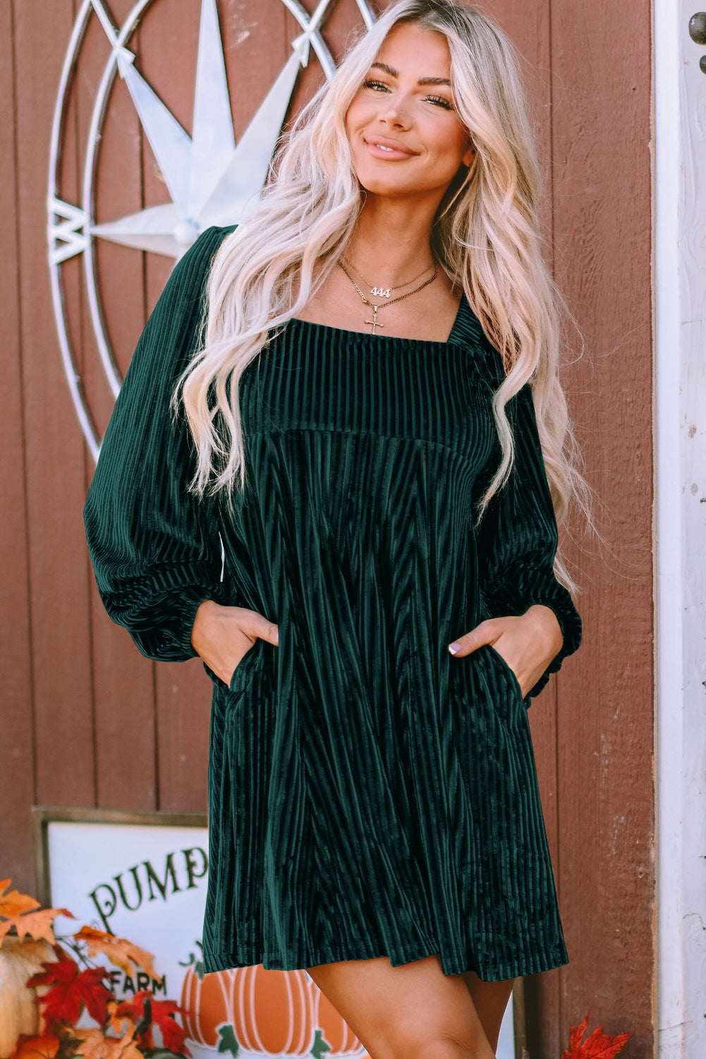 Blackish Green Smocked Ribbed Velvet Babydoll Top