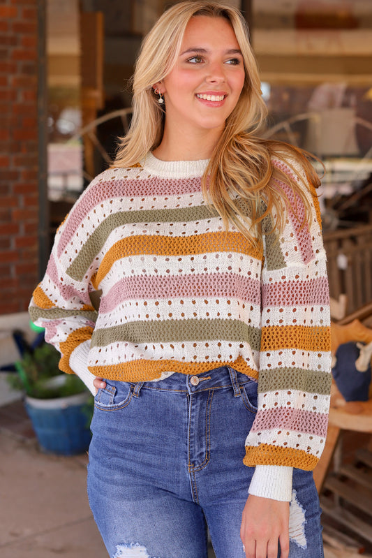 Multicolor Plus Size Striped Hollowed Knitted Loose Sweater