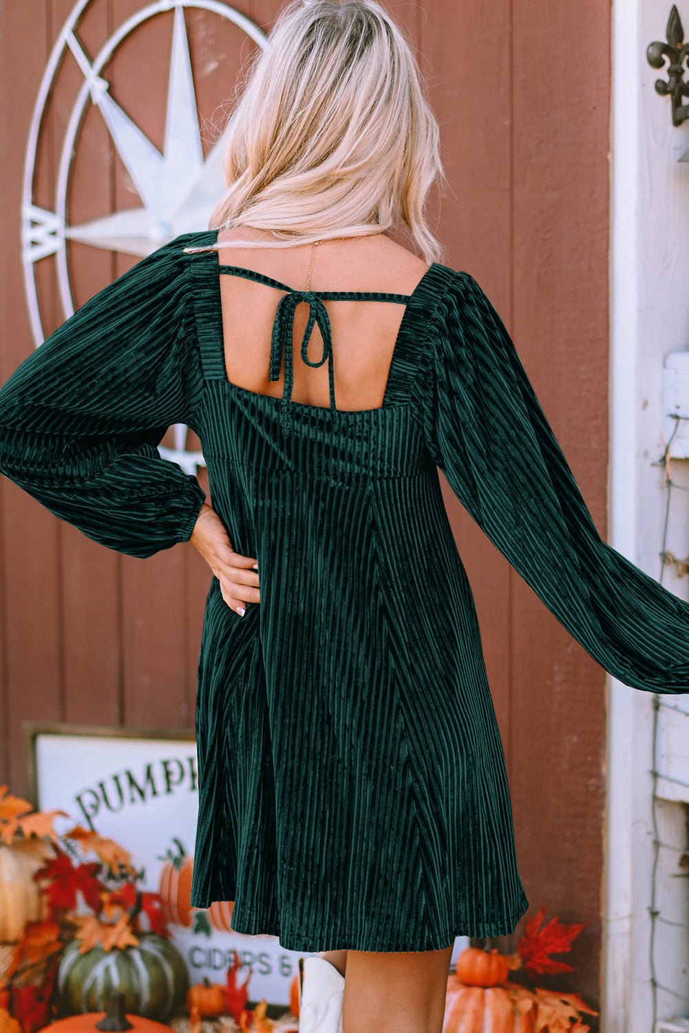 Blackish Green Smocked Ribbed Velvet Babydoll Top