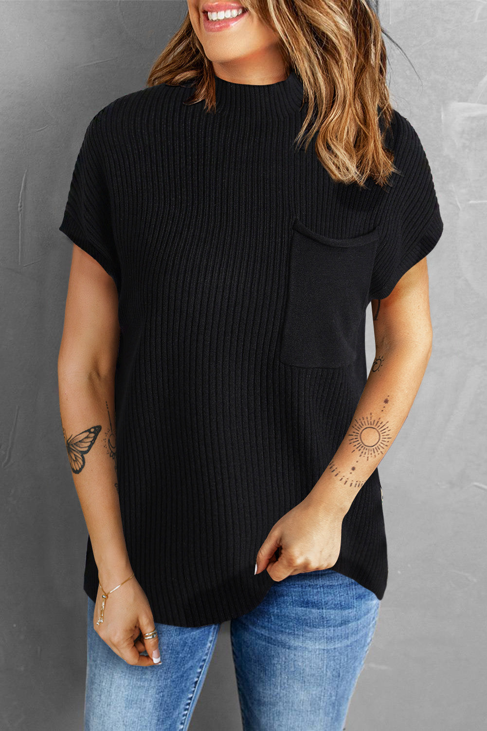 Jungle Green Plus Size Mock Neck Chest Pocket Short Sleeve Sweater