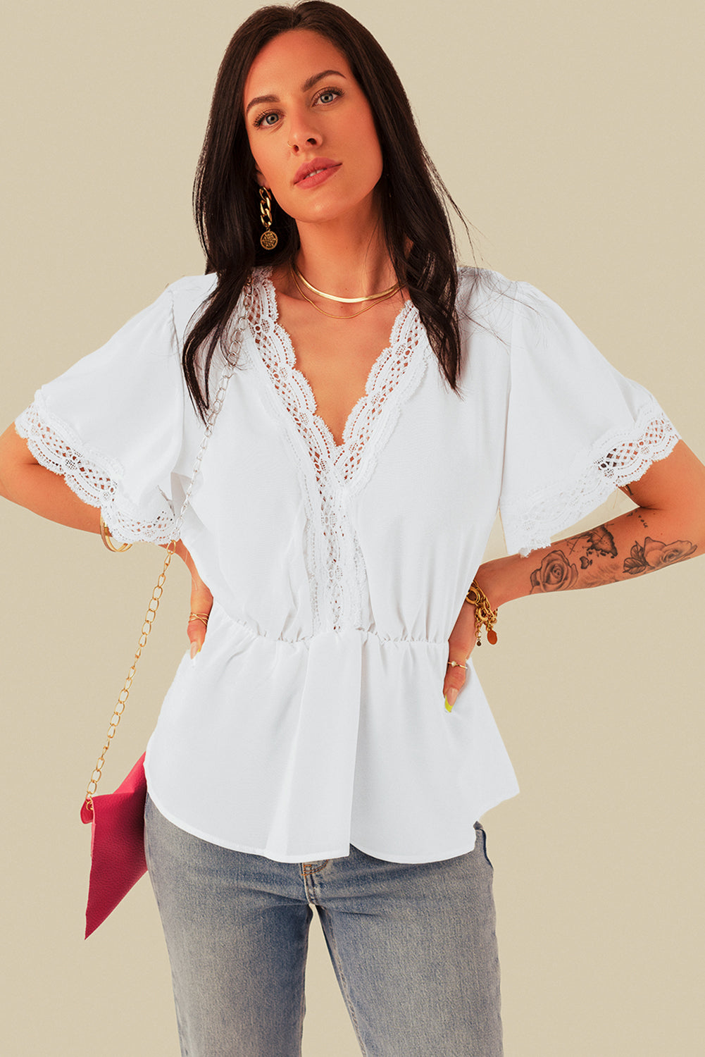 Black Lace Splicing V Neck Short Sleeve Blouse