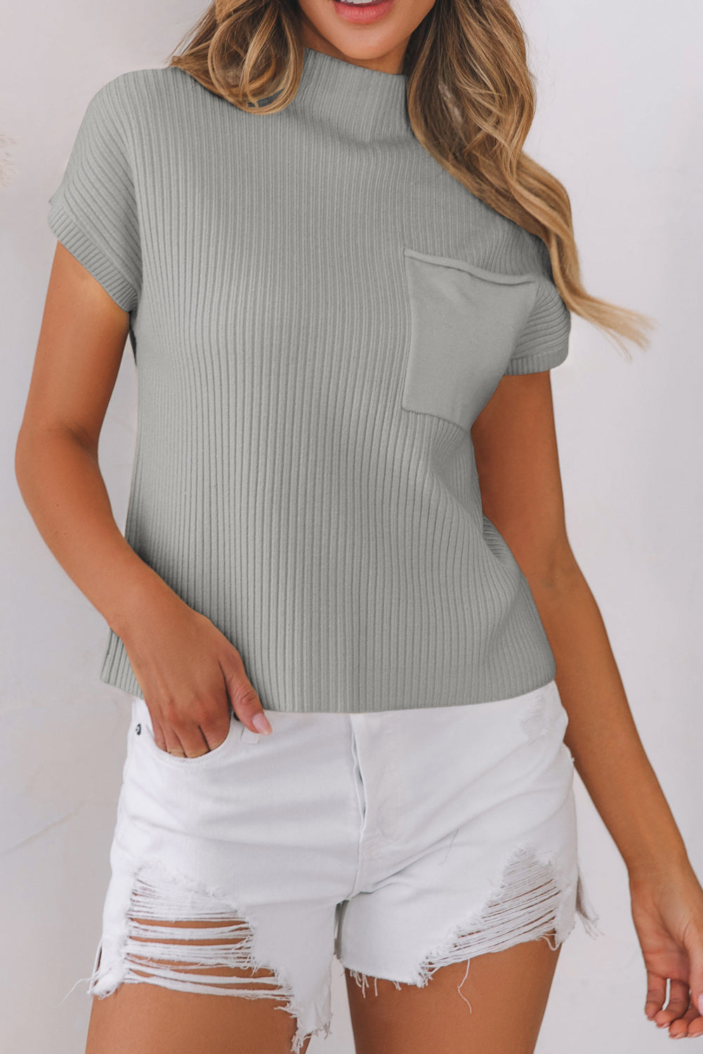 Jungle Green Plus Size Mock Neck Chest Pocket Short Sleeve Sweater