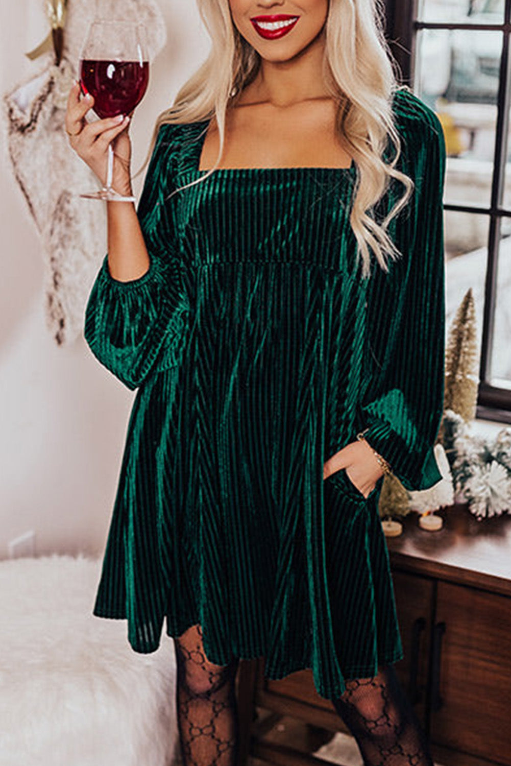 Blackish Green Smocked Ribbed Velvet Babydoll Top