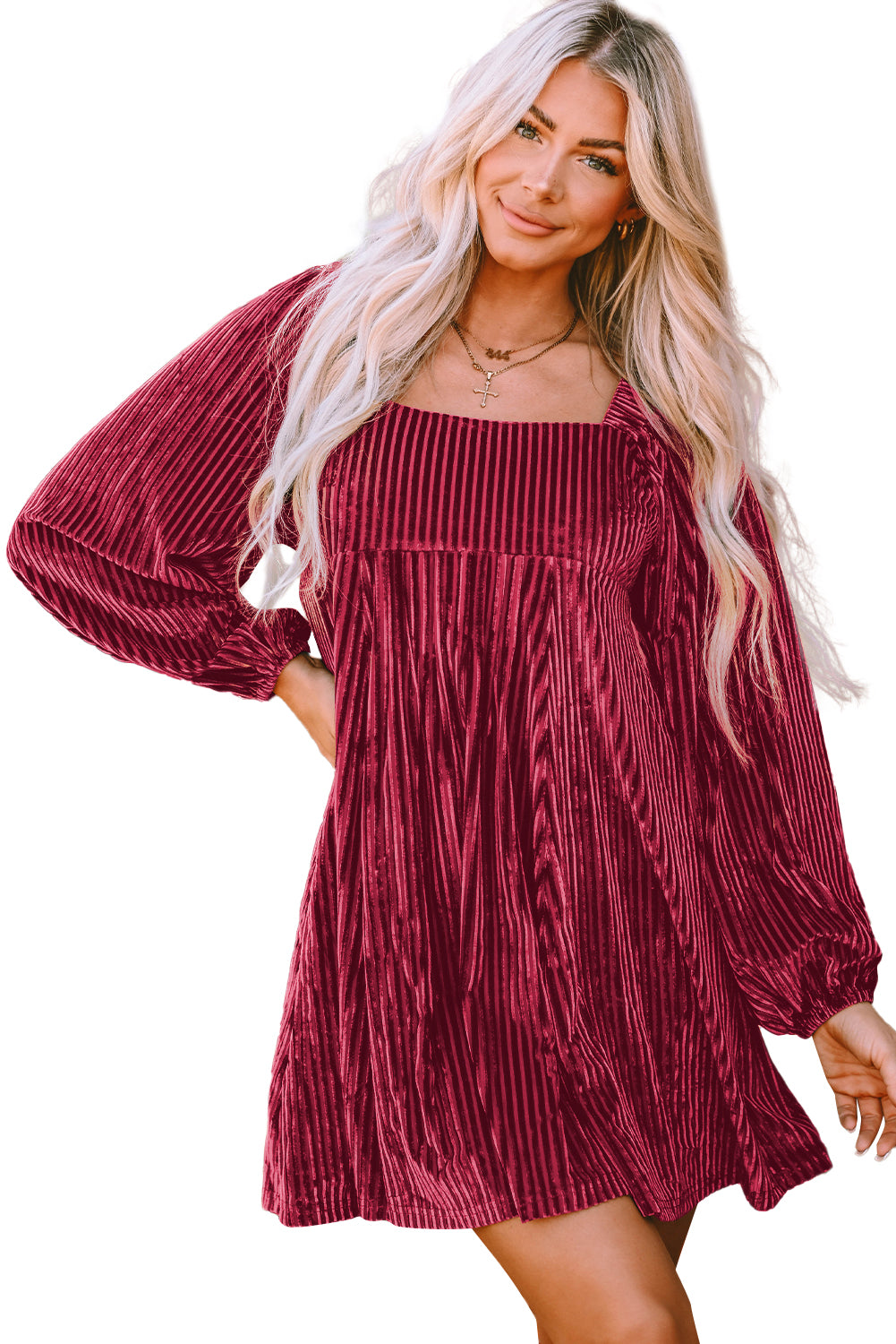 Blackish Green Smocked Ribbed Velvet Babydoll Top