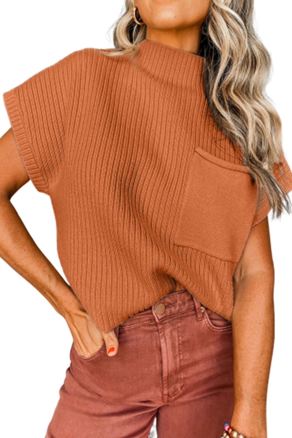 Apricot Ribbed V Neck Patched Chest Pocket Knit T-shirt