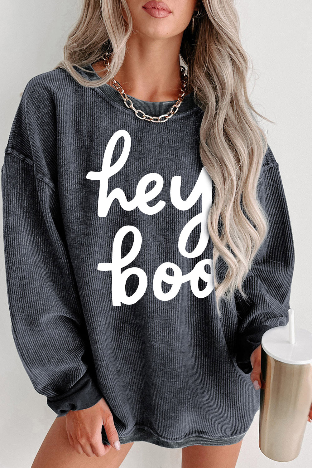 Black Plus Size HO HO HO Santa Graphic Corded Sweatshirt