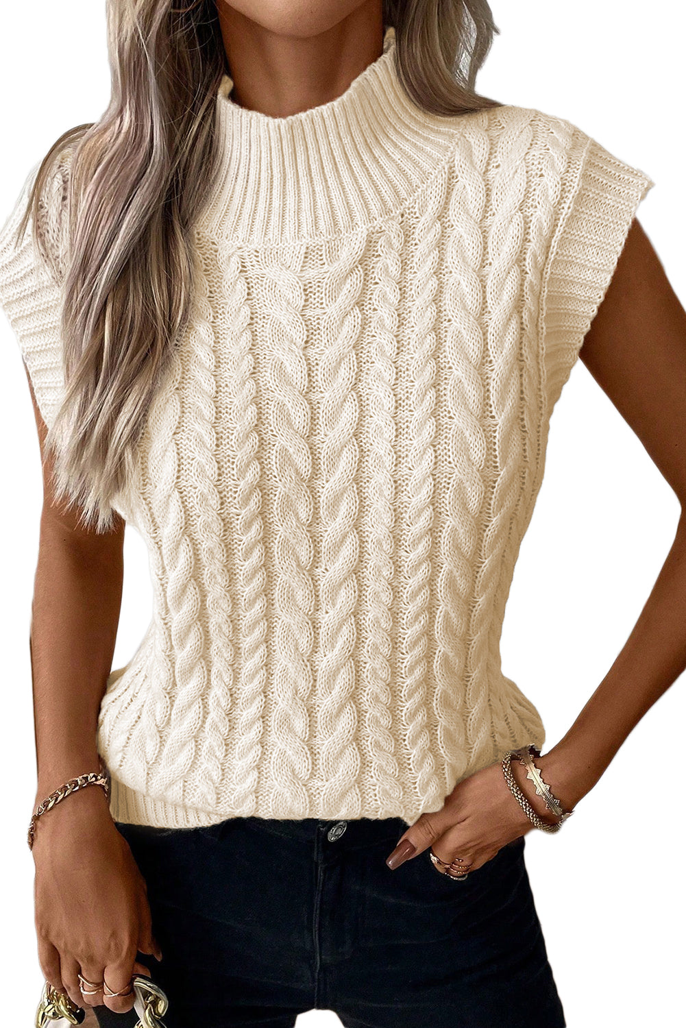 Black Cable Knit High Neck Sweater Vest