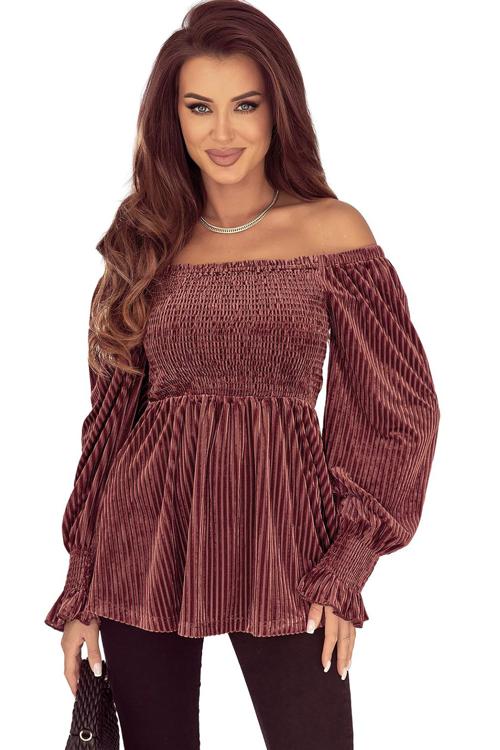 Blackish Green Smocked Ribbed Velvet Babydoll Top