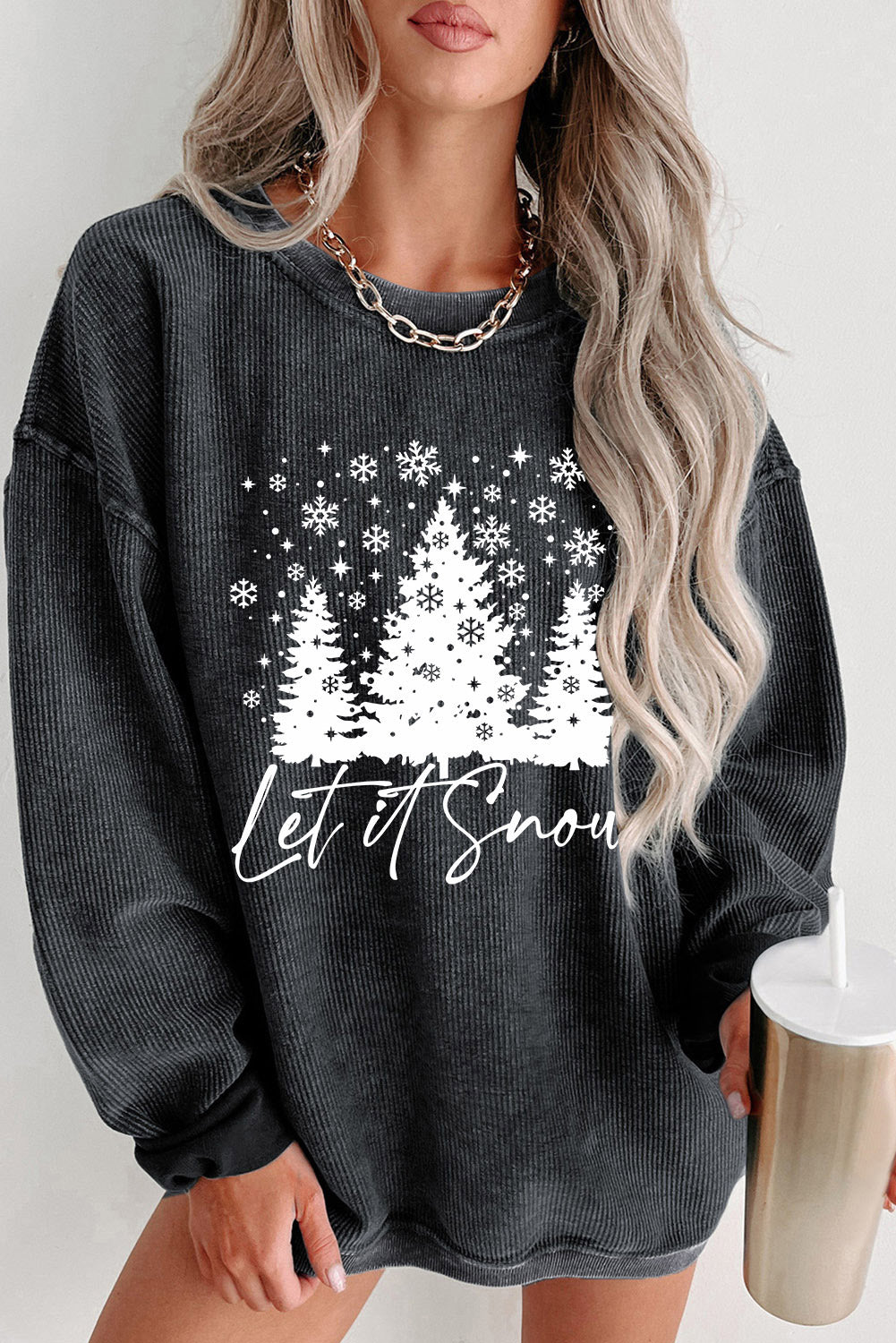 Black Plus Size HO HO HO Santa Graphic Corded Sweatshirt
