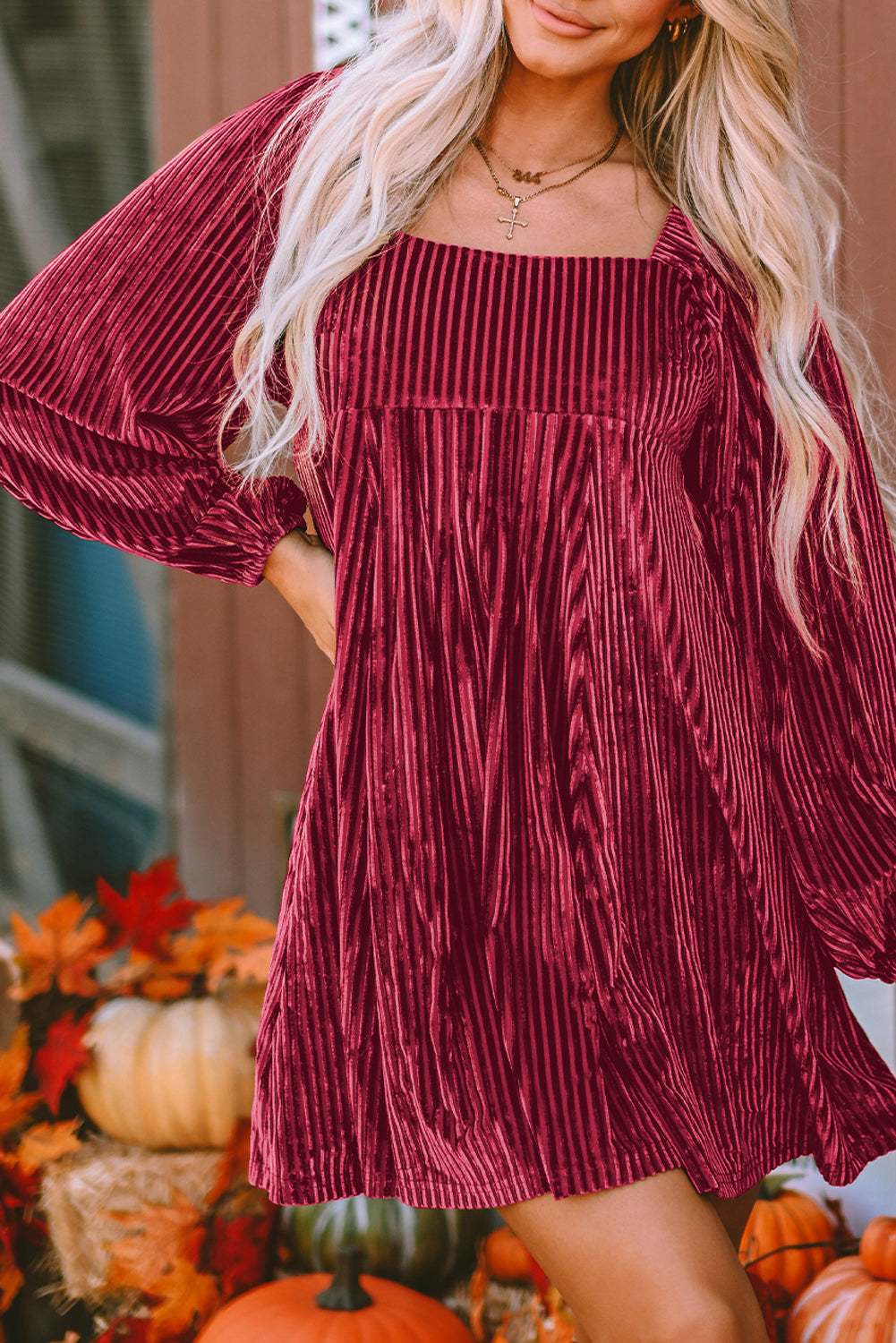 Blackish Green Smocked Ribbed Velvet Babydoll Top