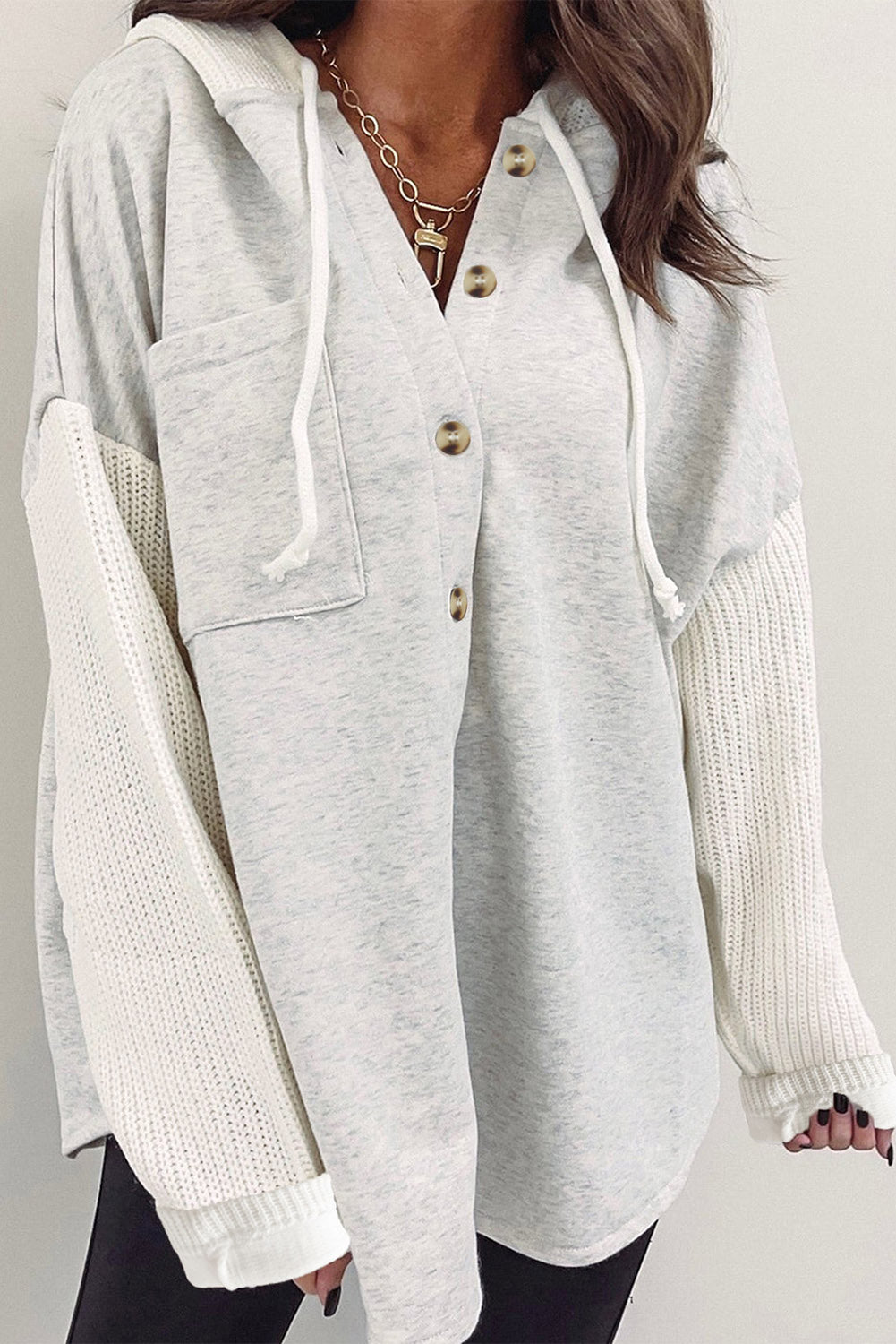 Gray Contrast Knitted Sleeves Plus Size Hoodie