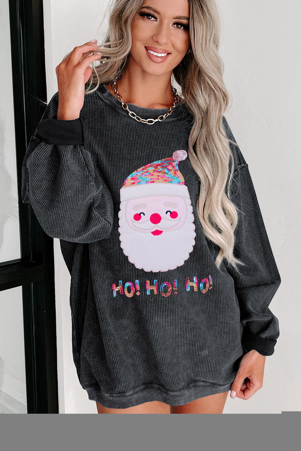 Black Plus Size HO HO HO Santa Graphic Corded Sweatshirt