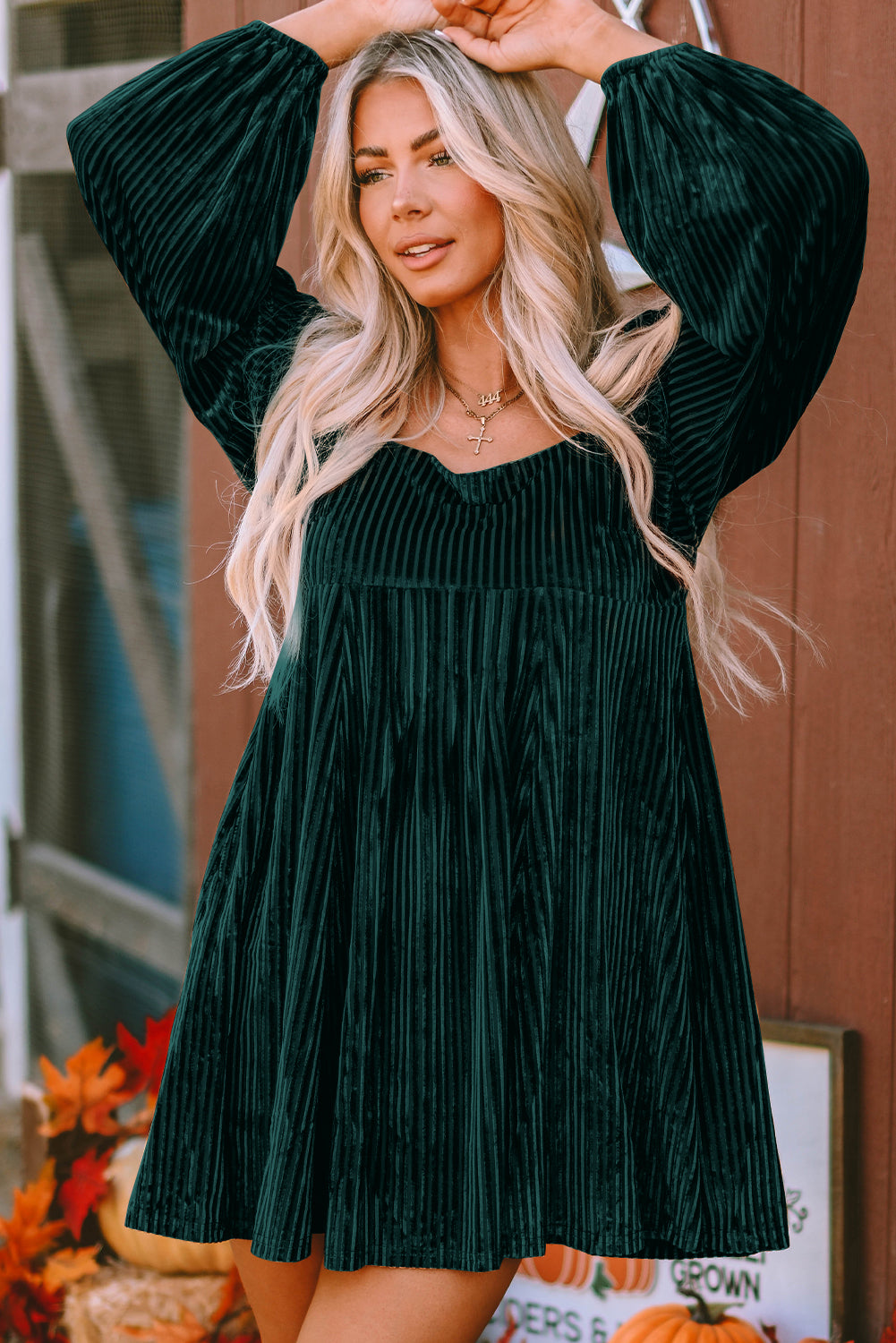 Blackish Green Smocked Ribbed Velvet Babydoll Top