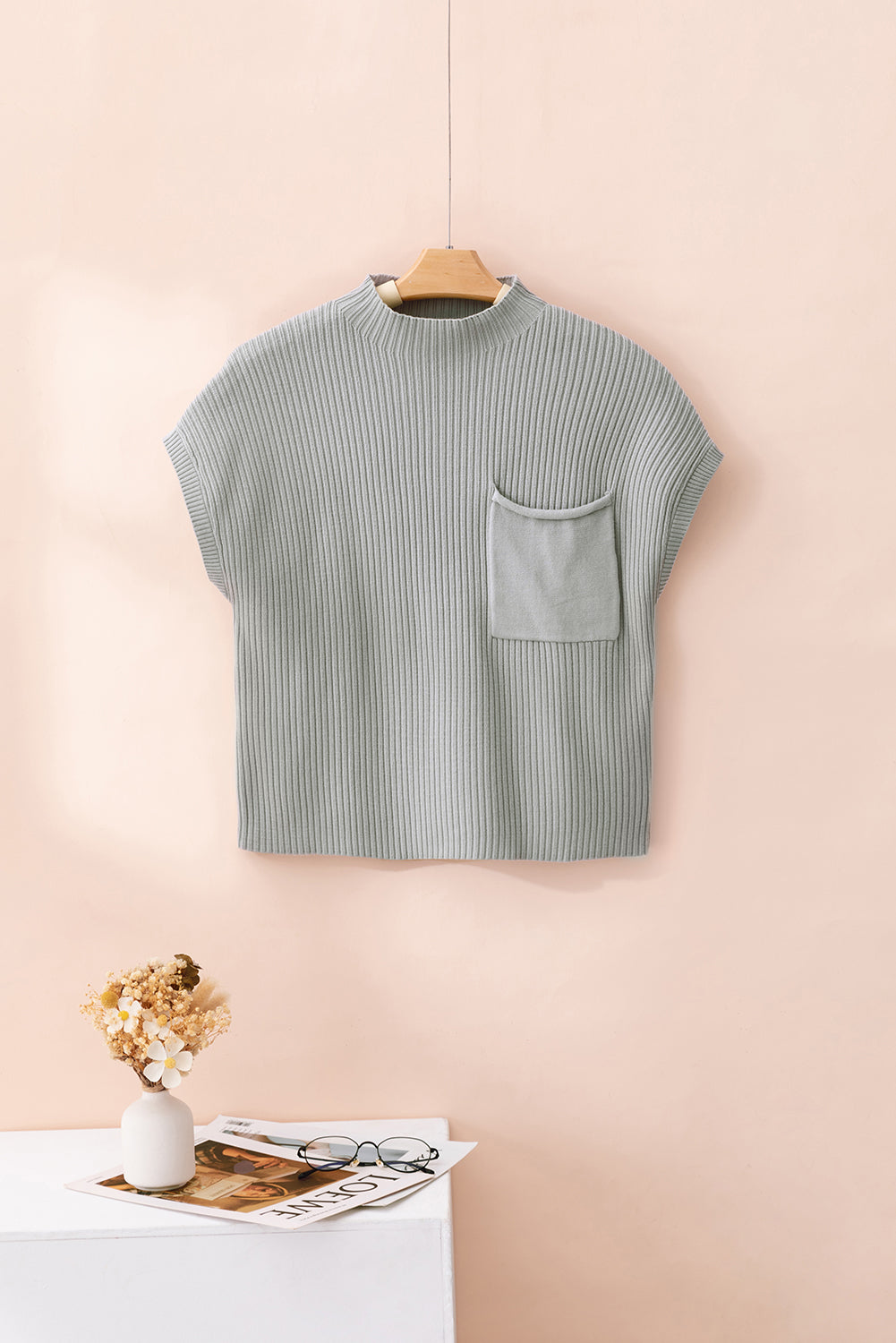 Jungle Green Plus Size Mock Neck Chest Pocket Short Sleeve Sweater