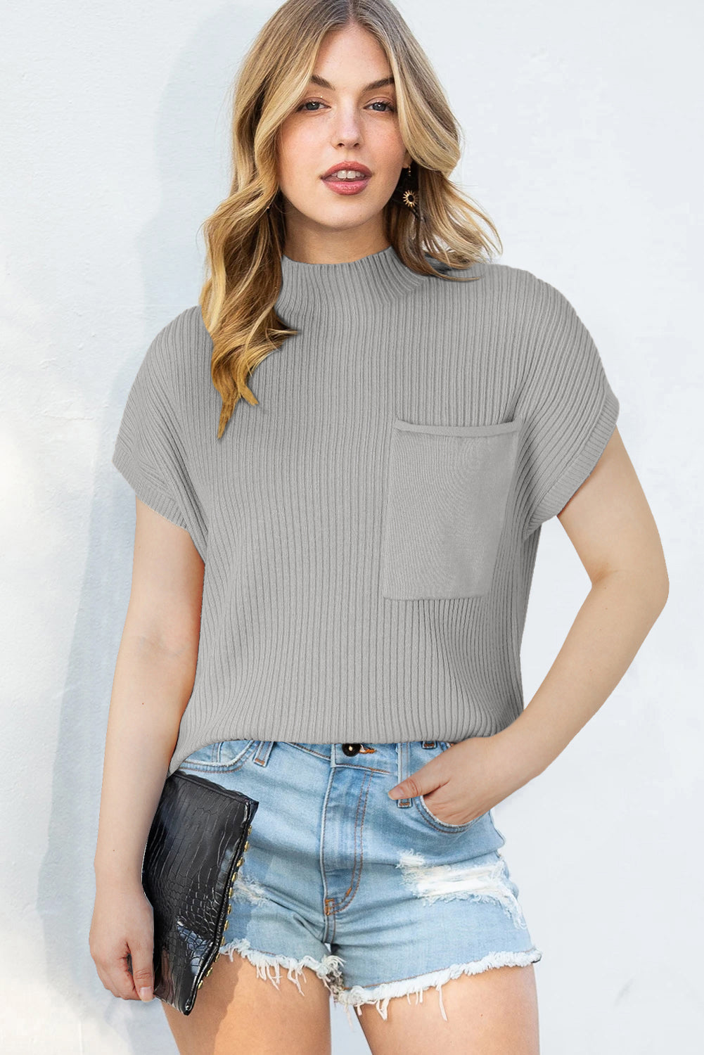 Apricot Ribbed V Neck Patched Chest Pocket Knit T-shirt