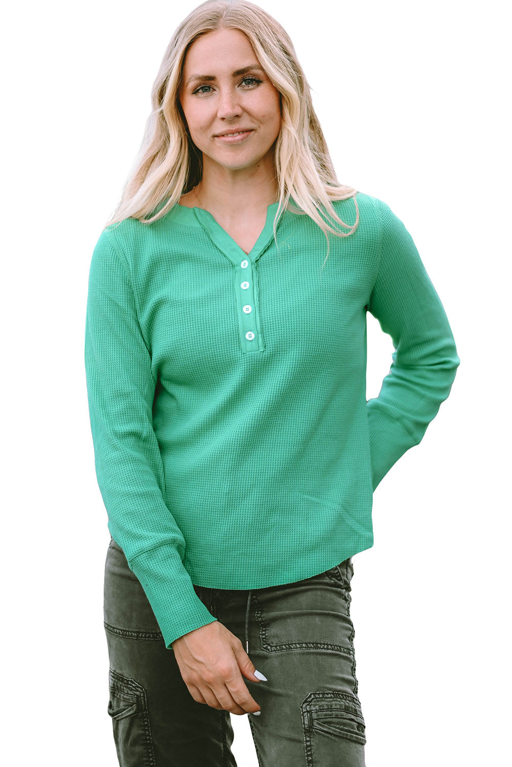 Brown Trimmed Neckline Waffle Knit Henley Top