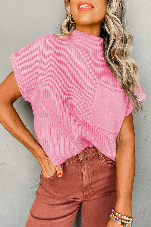 Apricot Ribbed V Neck Patched Chest Pocket Knit T-shirt