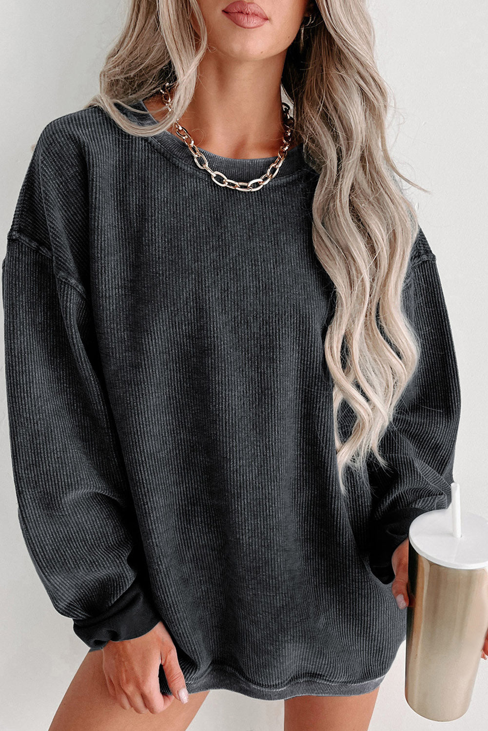 Black Plus Size HO HO HO Santa Graphic Corded Sweatshirt