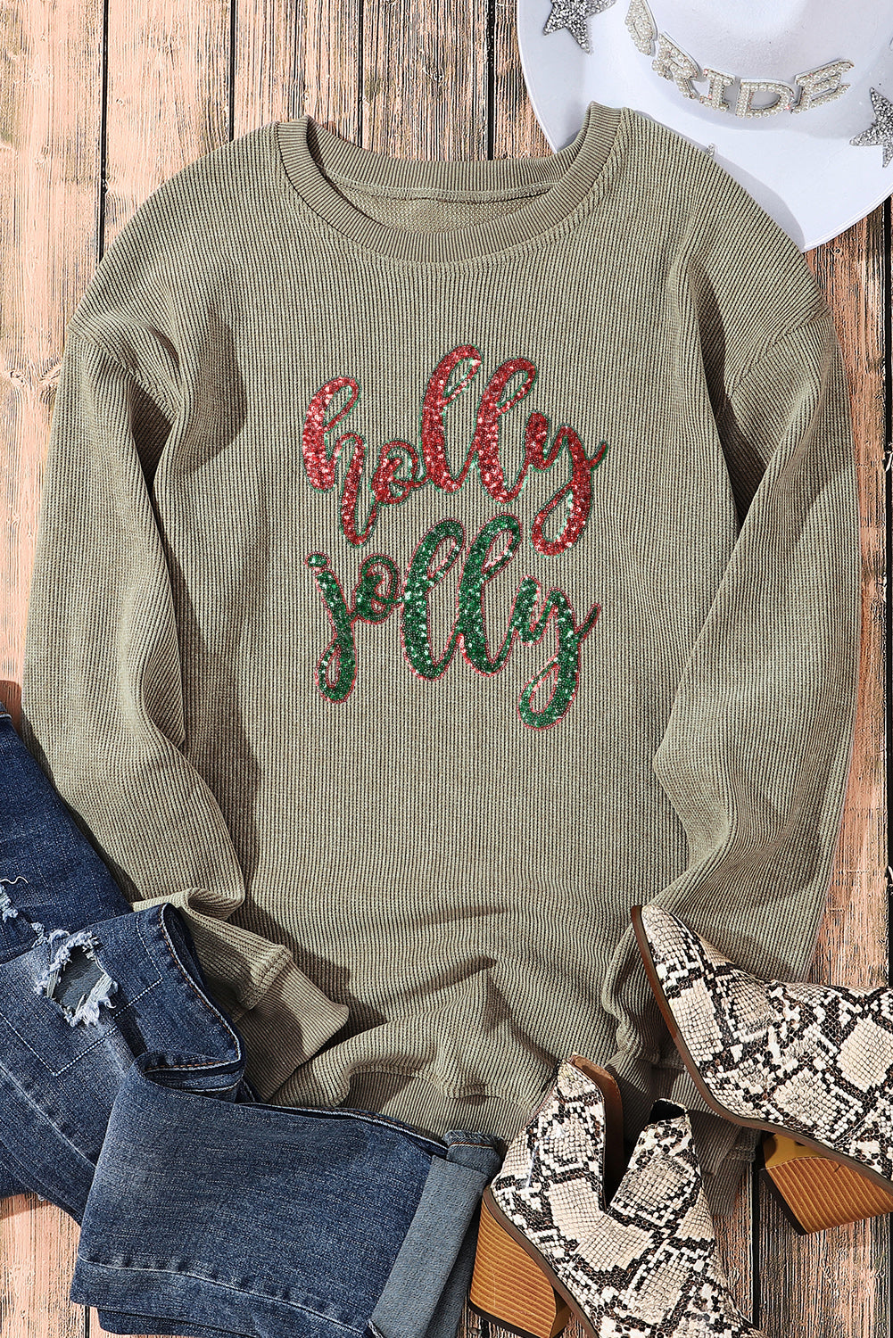 Black Plus Size HO HO HO Santa Graphic Corded Sweatshirt