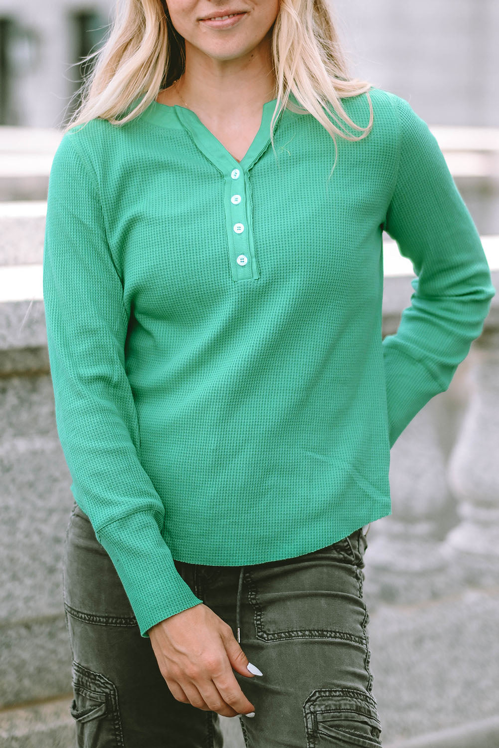 Brown Trimmed Neckline Waffle Knit Henley Top