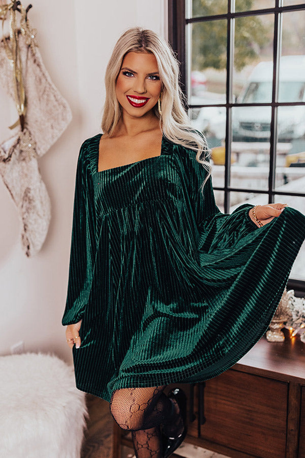 Blackish Green Smocked Ribbed Velvet Babydoll Top