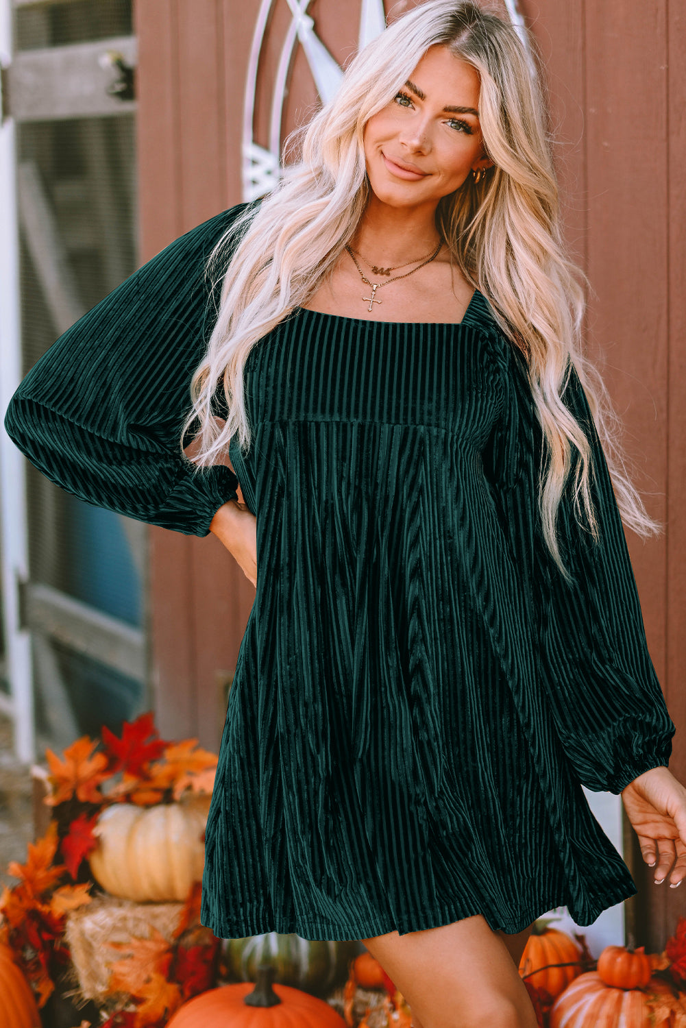 Blackish Green Smocked Ribbed Velvet Babydoll Top