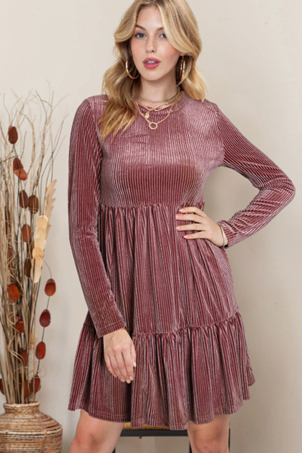 Blackish Green Smocked Ribbed Velvet Babydoll Top