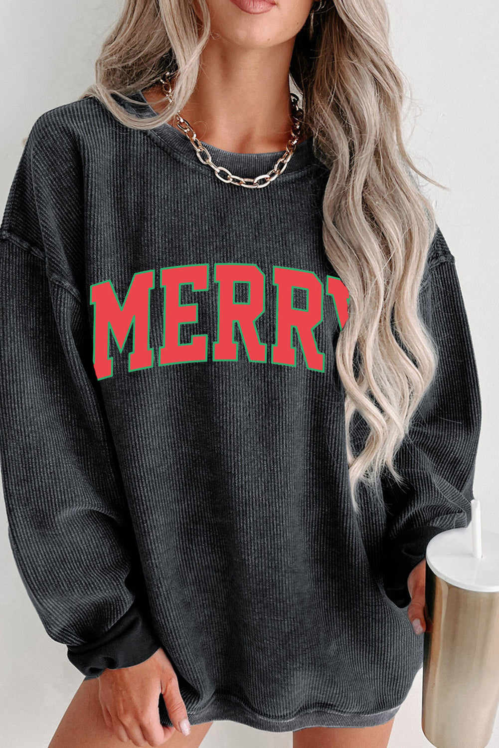 Black Plus Size HO HO HO Santa Graphic Corded Sweatshirt